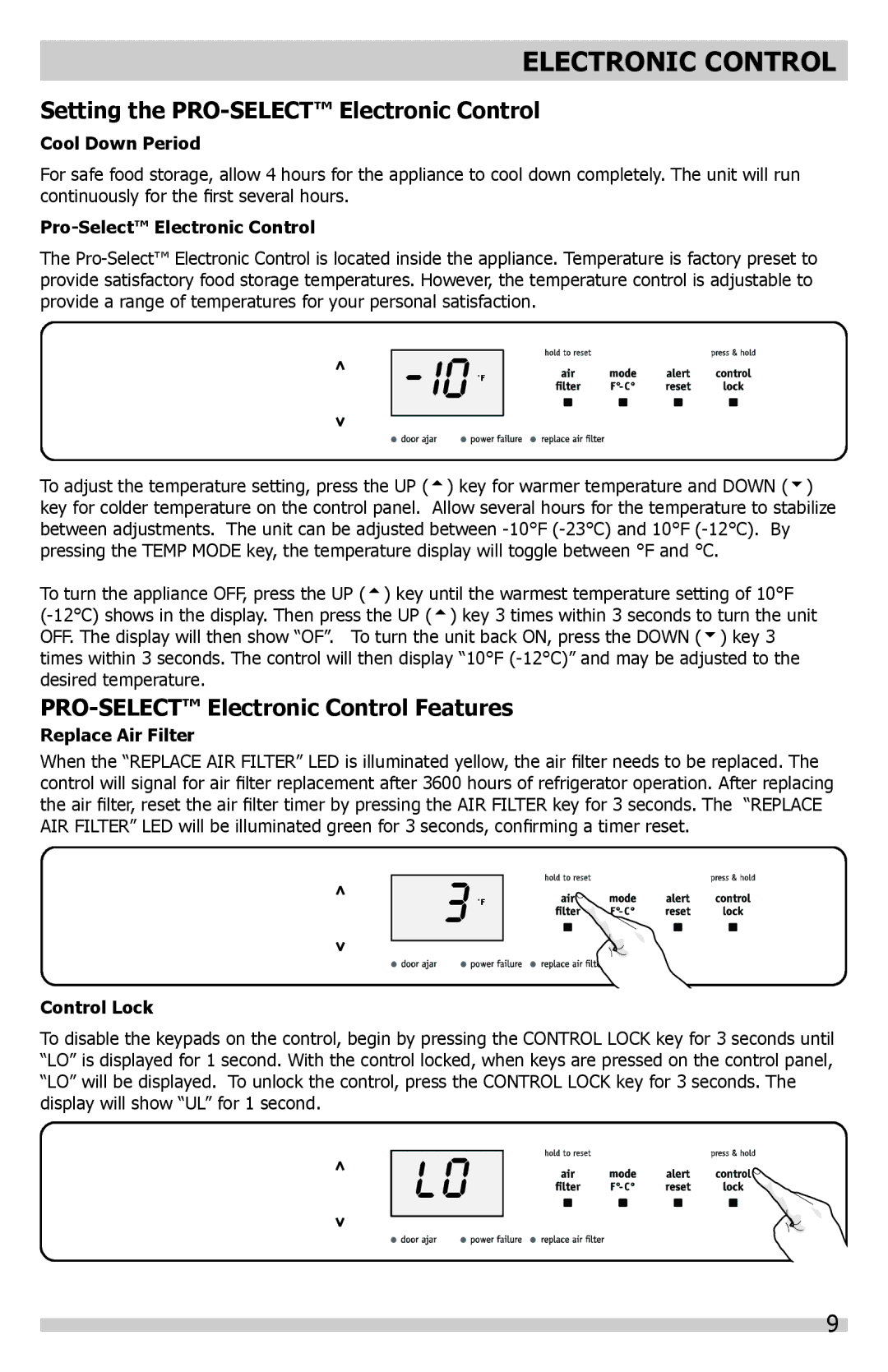 Frigidaire A01060901 manual Setting the PRO-SELECT Electronic Control, PRO-SELECT Electronic Control Features 