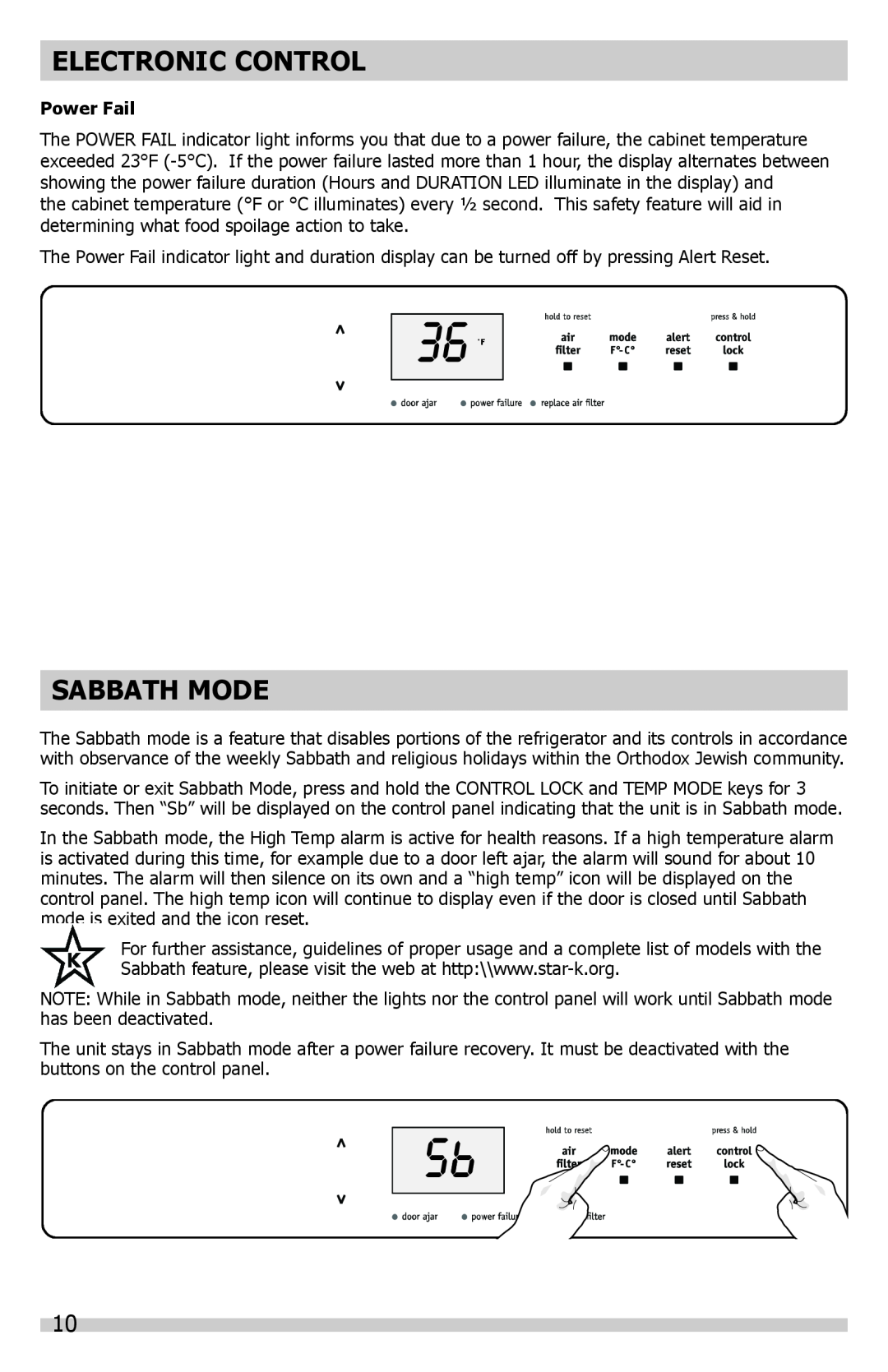 Frigidaire A01060901 manual Sabbath Mode, Electronic Control, Power Fail 