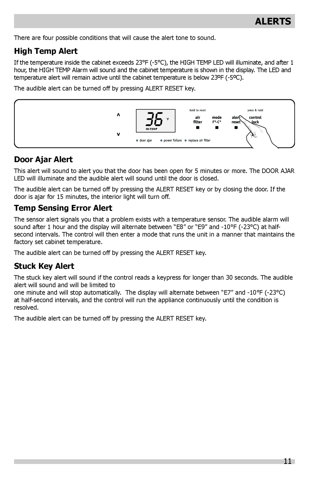 Frigidaire A01060901 manual Alerts, High Temp Alert, Door Ajar Alert, Temp Sensing Error Alert, Stuck Key Alert 