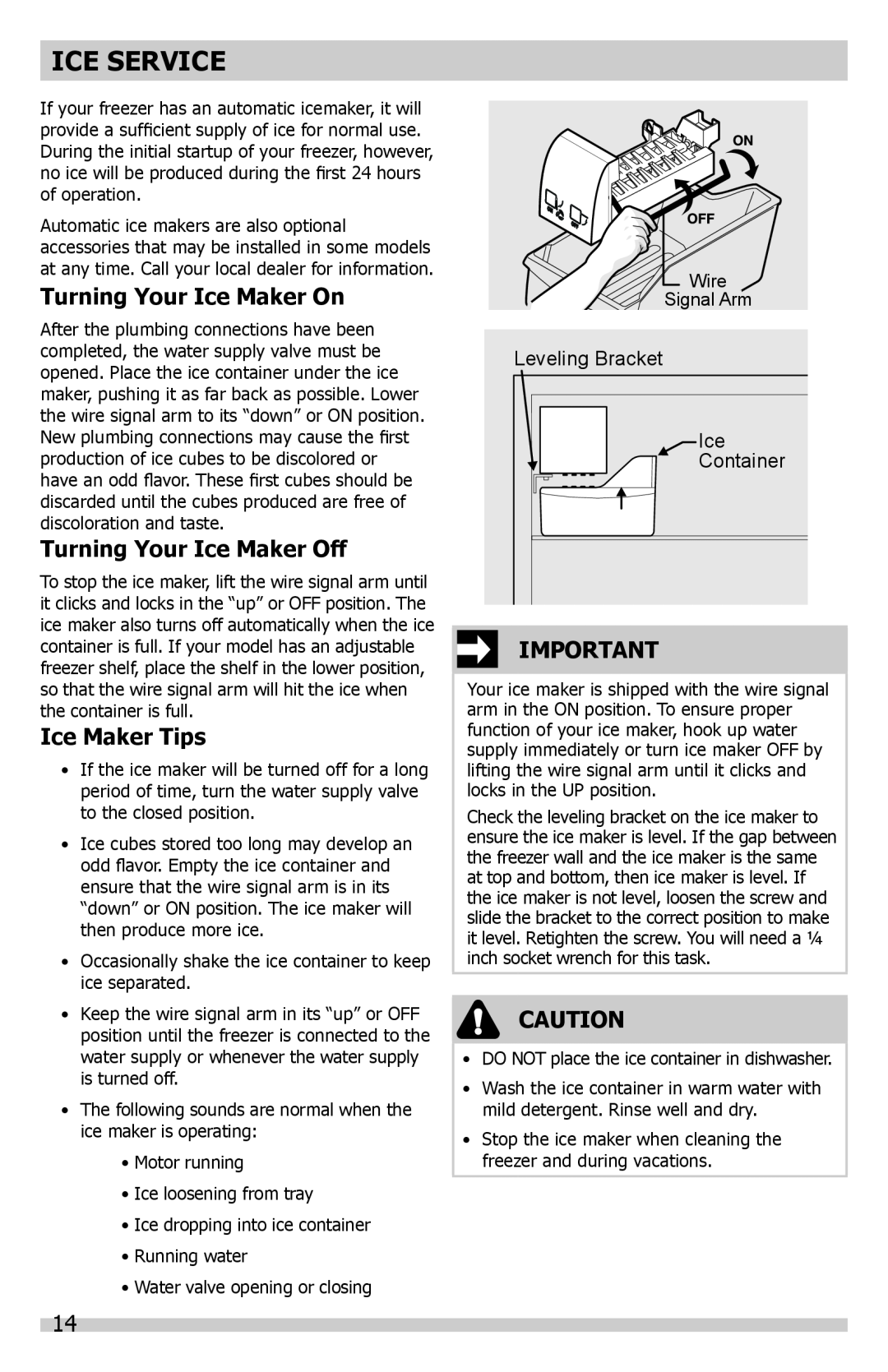 Frigidaire A01060901 manual Ice Service, Turning Your Ice Maker On, Turning Your Ice Maker Off, Ice Maker Tips 