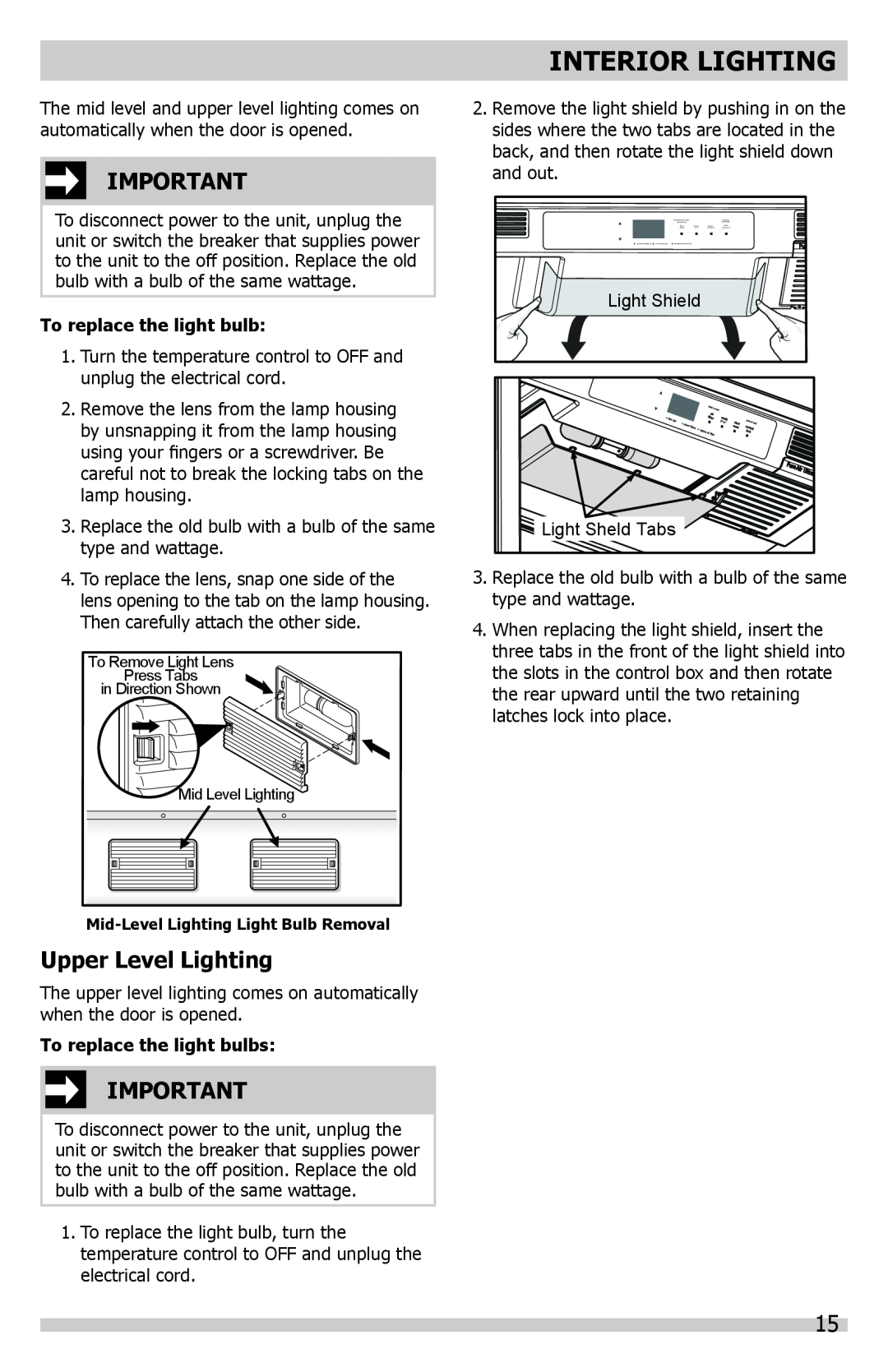 Frigidaire A01060901 manual Interior Lighting, Upper Level Lighting 