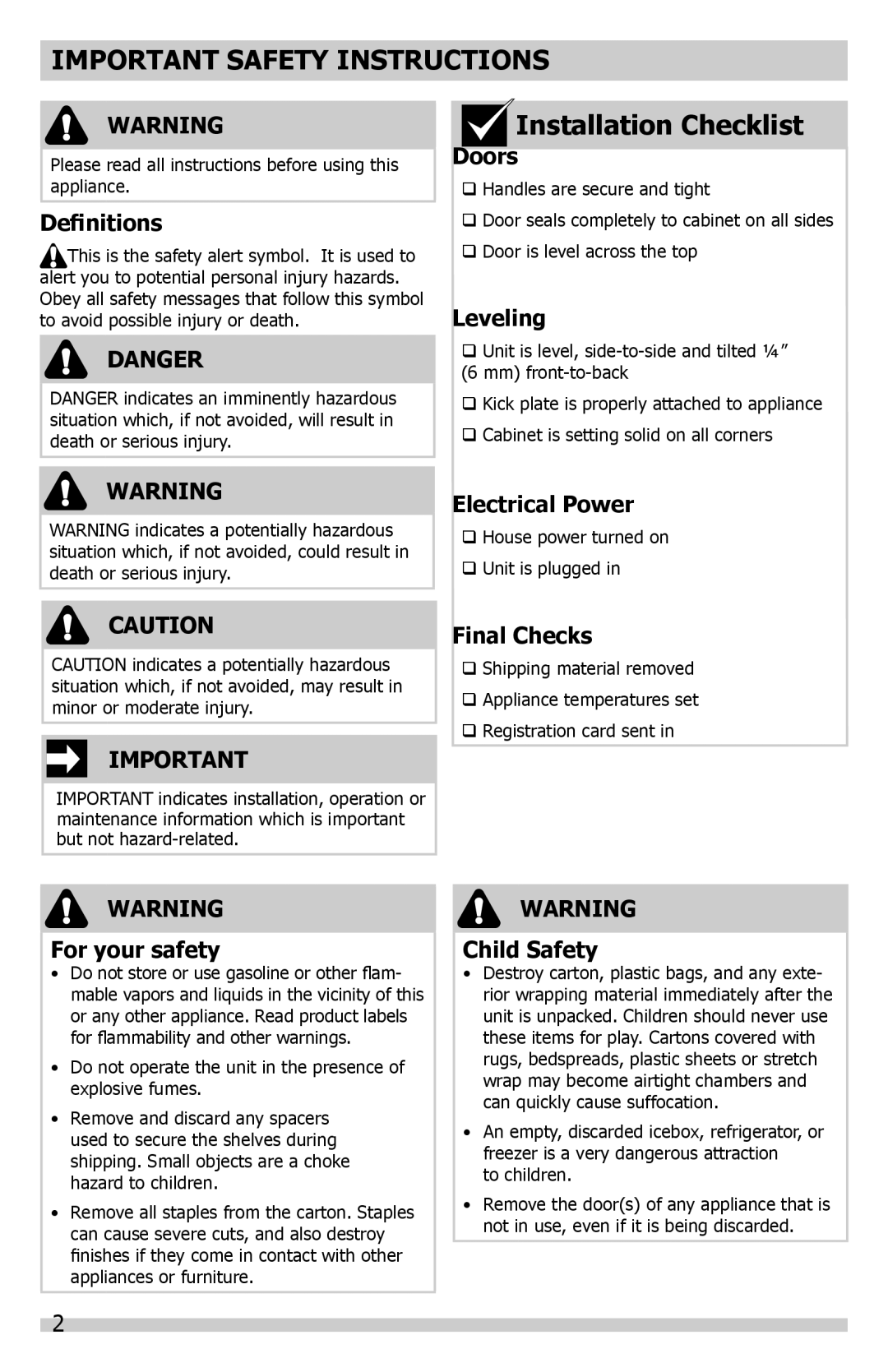 Frigidaire A01060901 manual Important Safety Instructions, Installation Checklist, Definitions, Danger, Doors, Leveling 