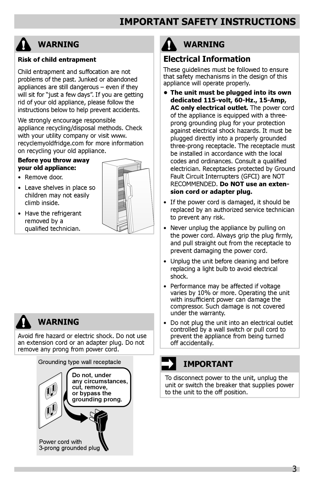 Frigidaire A01060901 manual Electrical Information, Important Safety Instructions, Risk of child entrapment 