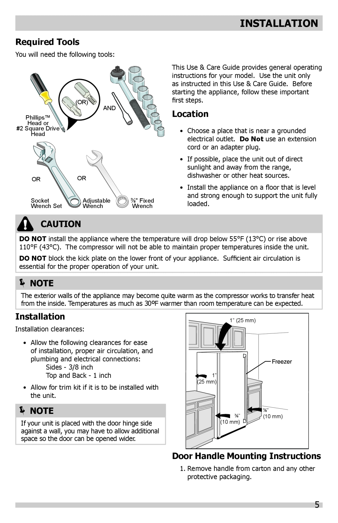 Frigidaire A01060901 manual Installation, Required Tools, Location, Door Handle Mounting Instructions,  Note 