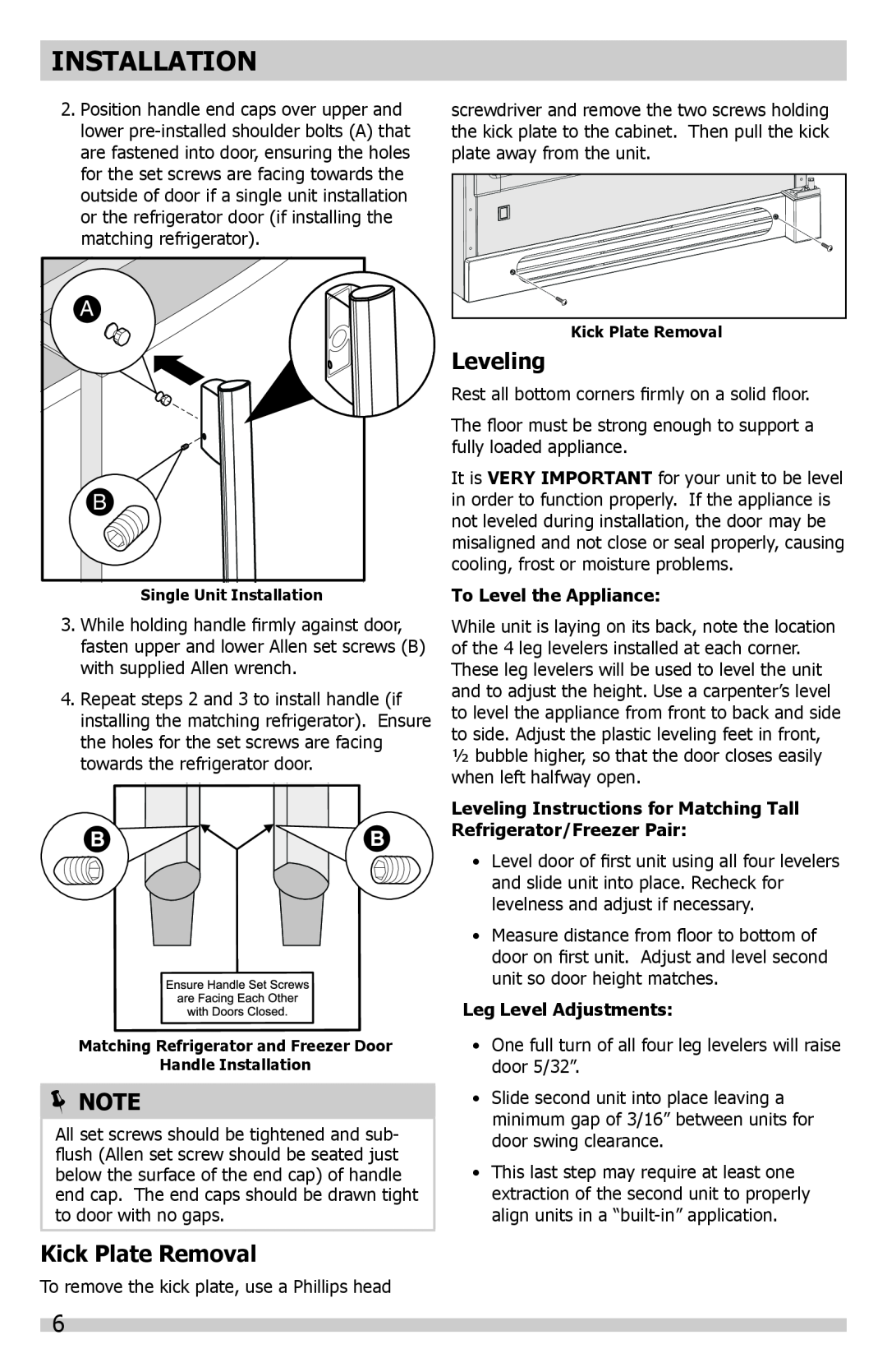 Frigidaire A01060901 Kick Plate Removal, Installation,  Note, Leveling, To Level the Appliance, Leg Level Adjustments 