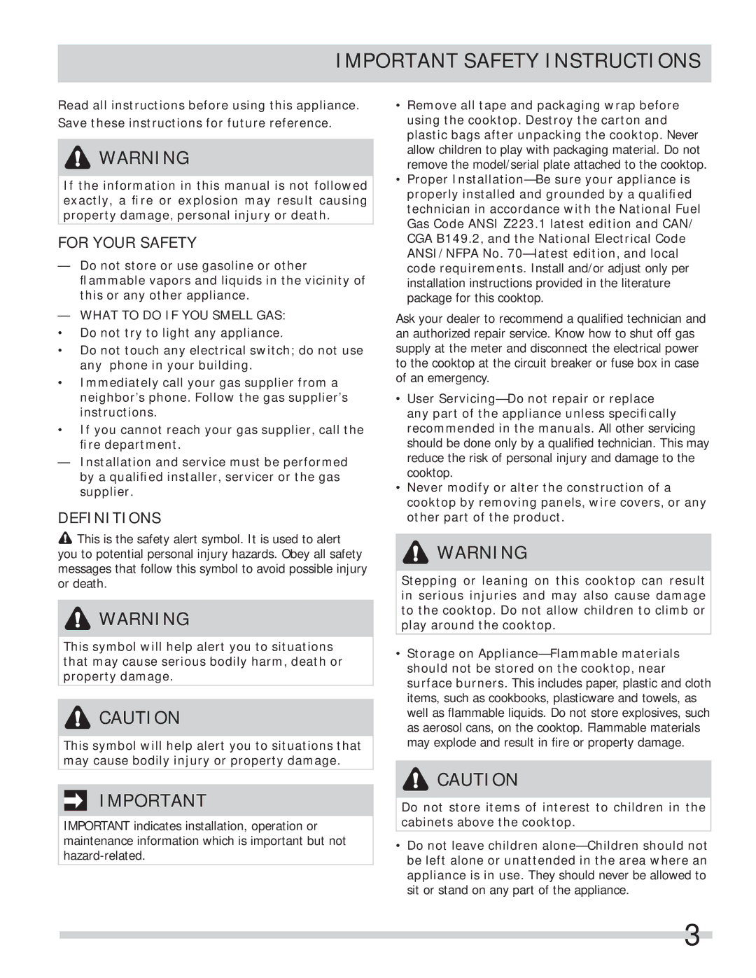 Frigidaire A01704501 Important Safety Instructions, For Your Safety, Definitions, What to do if YOU Smell GAS 