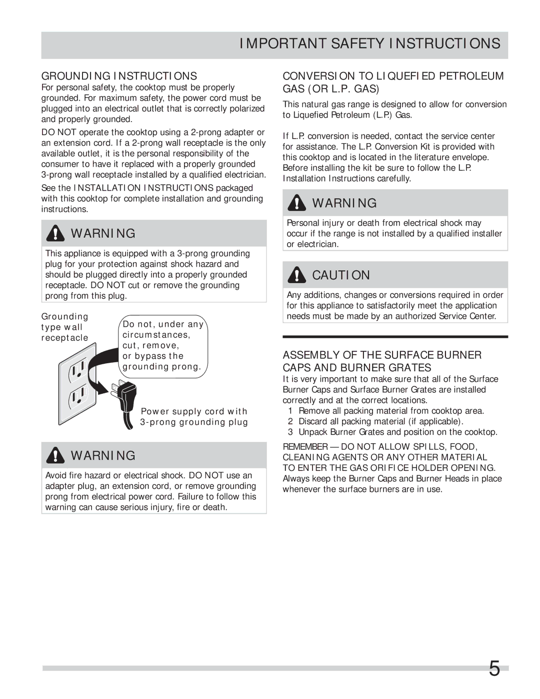 Frigidaire A01704501 Grounding Instructions, Conversion to Liquefied Petroleum GAS or L.P. GAS 