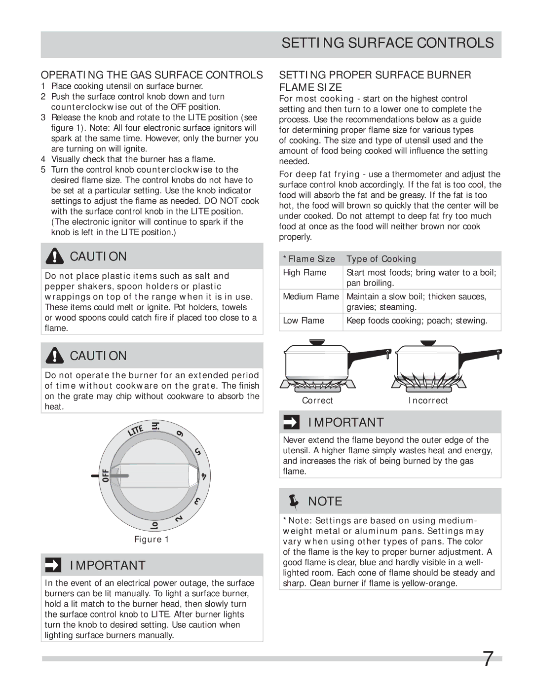 Frigidaire A01704501 Setting Surface Controls, Operating the GAS Surface Controls, Flame Size Type of Cooking 