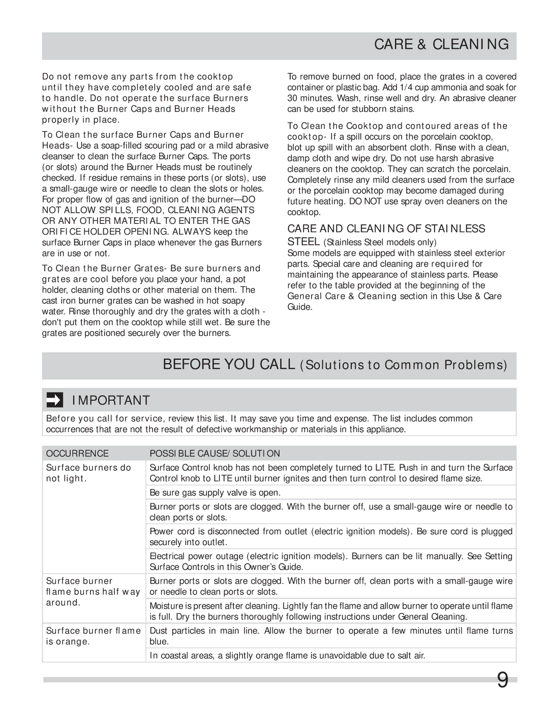 Frigidaire A01704501 important safety instructions Care and Cleaning of Stainless, Occurrence Possible CAUSE/SOLUTION 