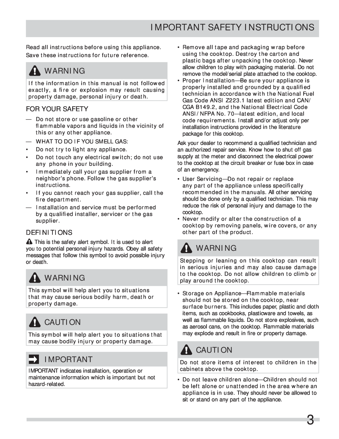 Frigidaire A01704501 important safety instructions Important Safety Instructions, For Your Safety, Definitions 