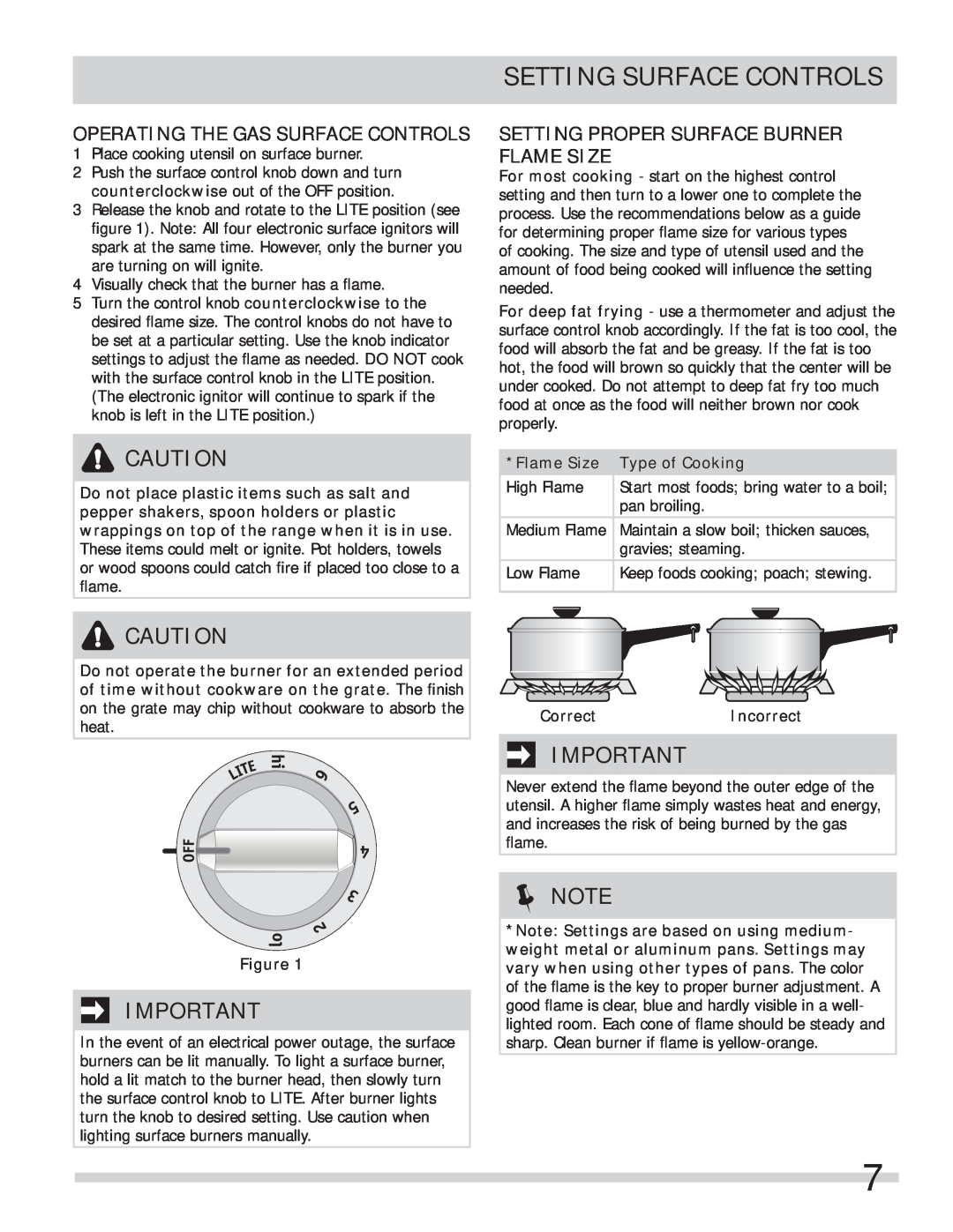 Frigidaire A01704501 important safety instructions Setting Surface Controls, Operating The Gas Surface Controls, Note 