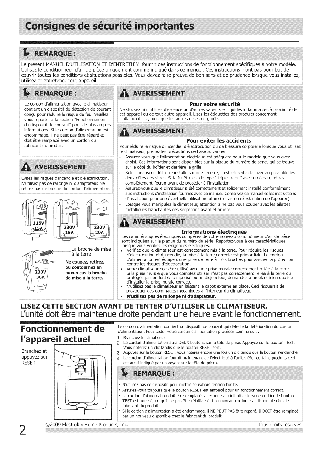 Frigidaire Air Conditioner manual Fonctionnement, Lappareil Actuel, Pour votre scurit, Reset 