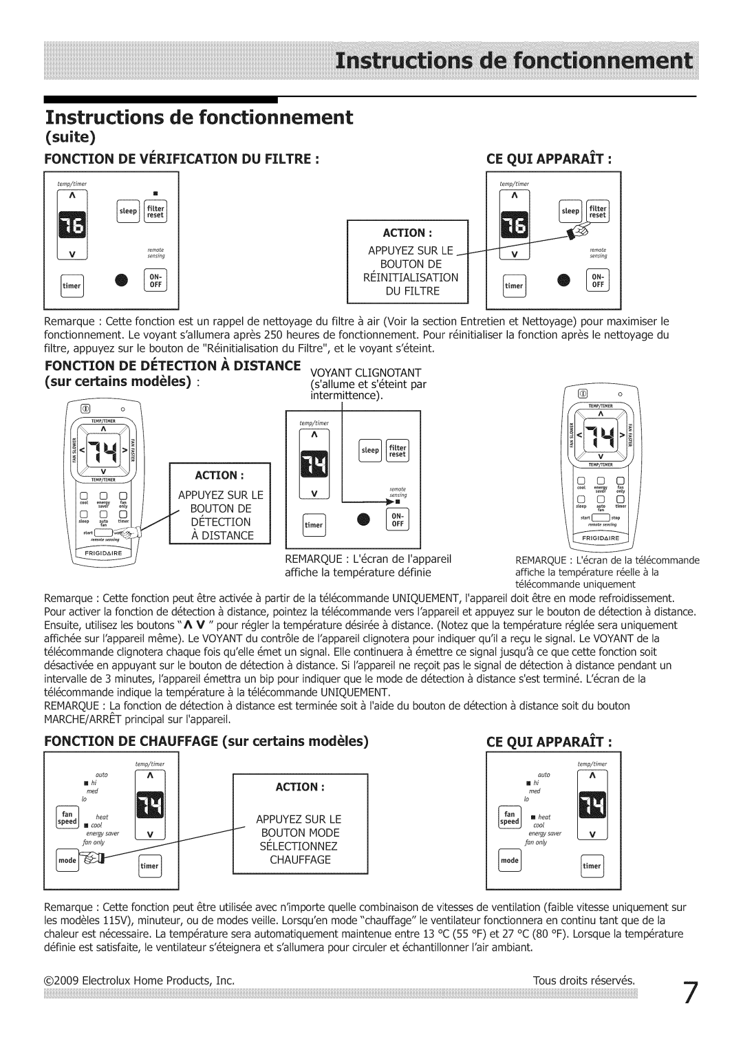 Frigidaire Air Conditioner manual Sur certains, Fonction DE Chauffage 