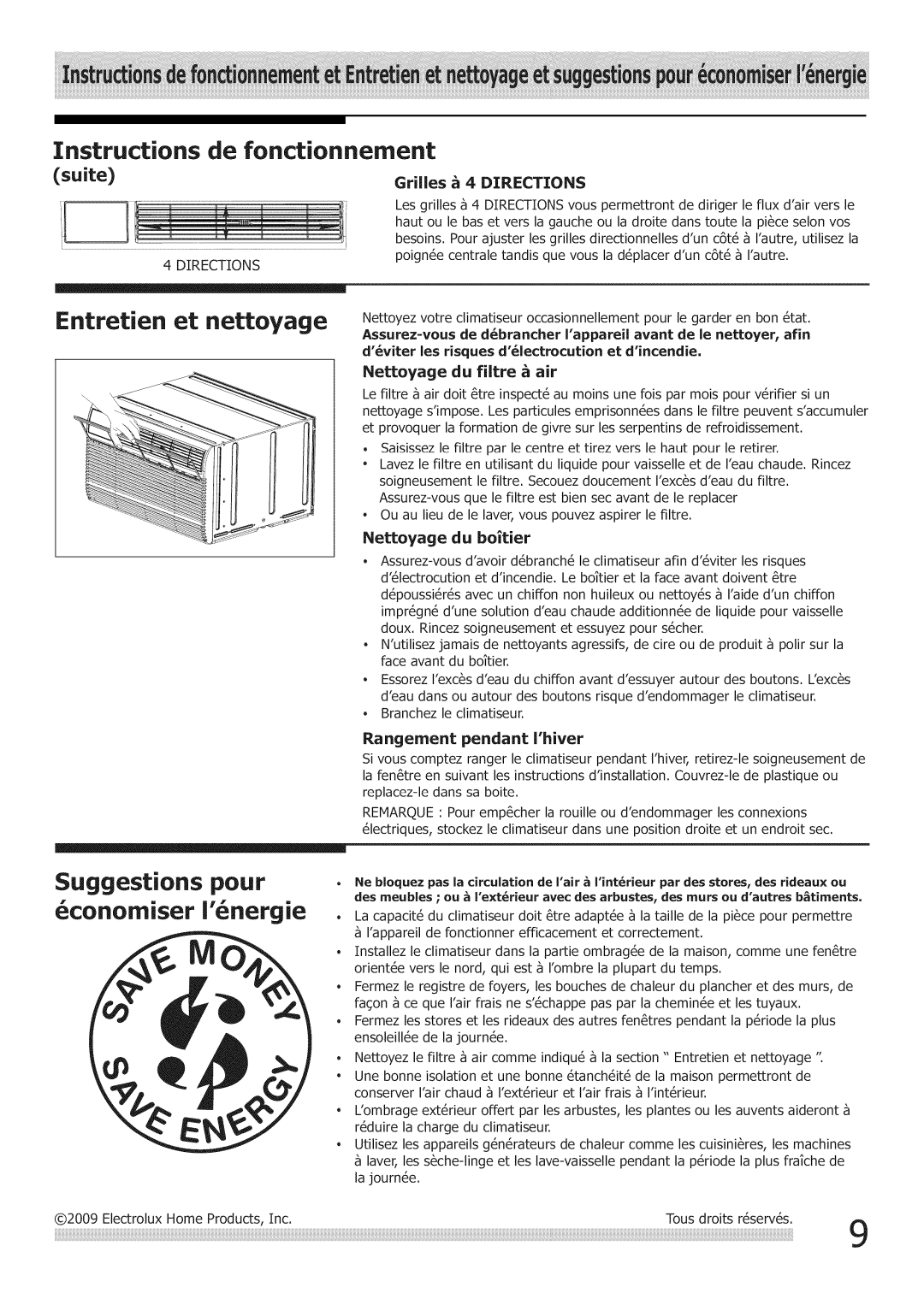 Frigidaire Air Conditioner manual Entretien et nettoyage, Suggestions pour conorniser i nergie 