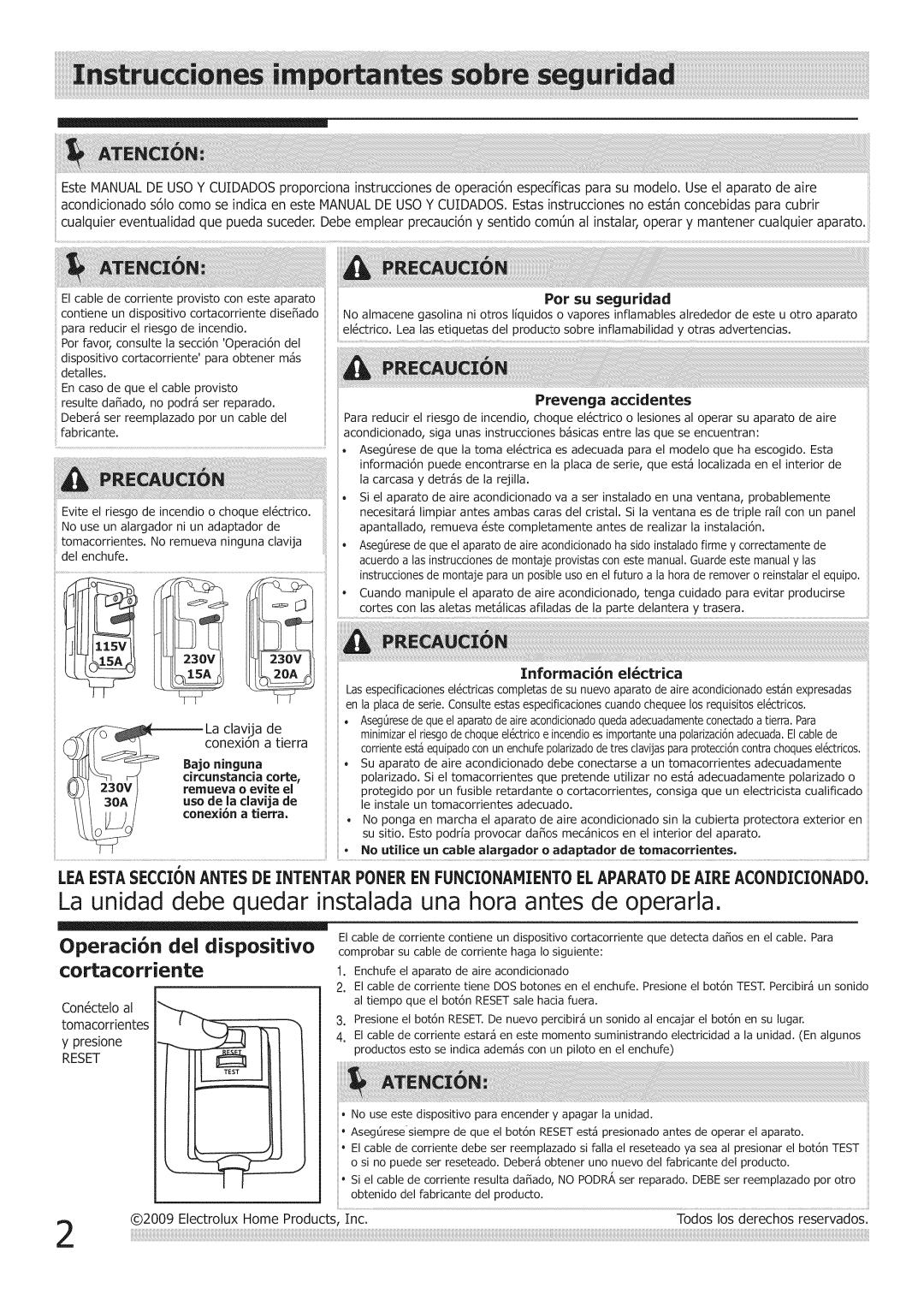 Frigidaire Air Conditioner manual Enchofe, La unidad debe quedar instalada una hora antes de operarla, Pot su seguridad 