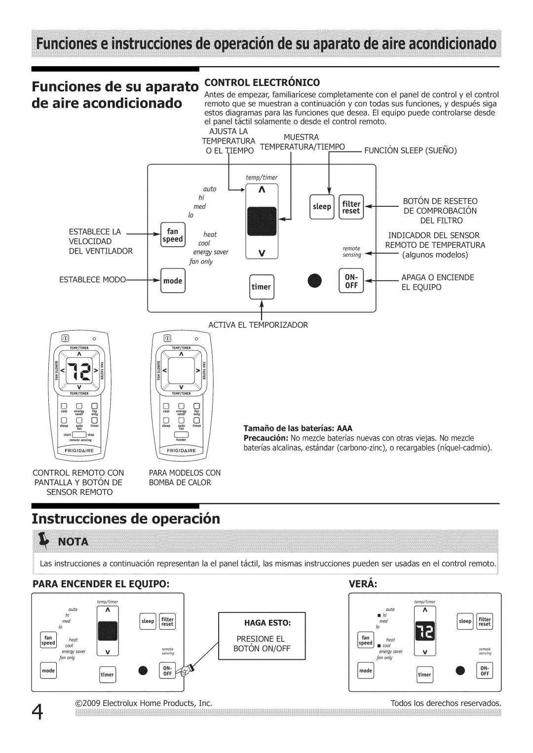 Frigidaire Air Conditioner manual Funciones de su aparato, Instrucciones de operaci6n, Control ELECTR6NICO, Haga Esto 