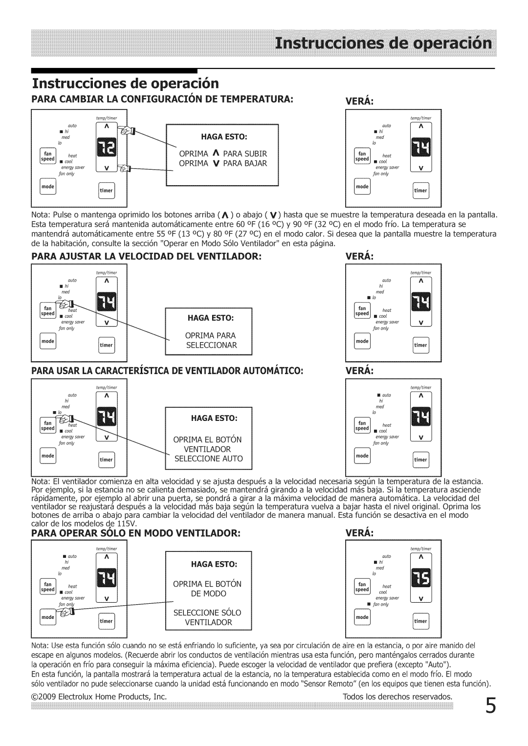 Frigidaire Air Conditioner manual Parr Canbiar LA Configurrcion DE Tenperrturr, Parr Operar Solo EN Modo Ventilador Vera 