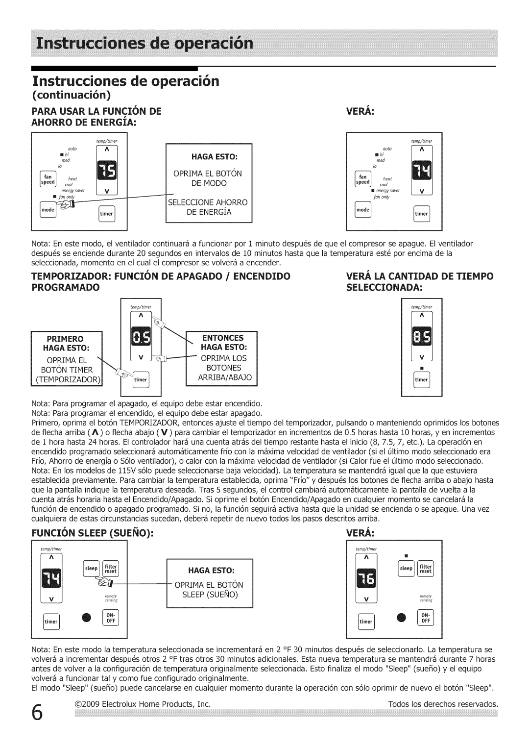 Frigidaire Air Conditioner manual Instrucciones, De operaci6n 