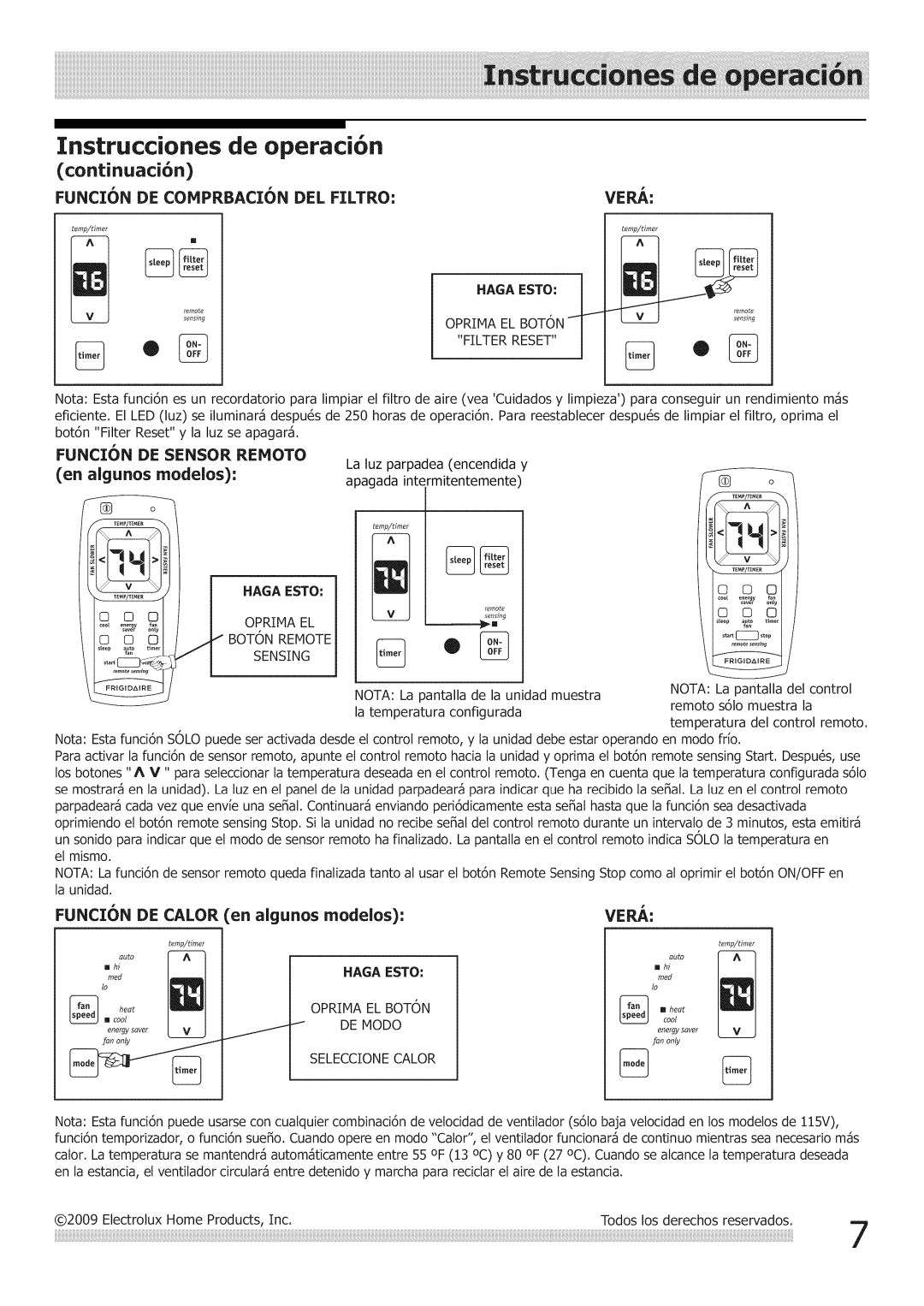 Frigidaire Air Conditioner manual FUNCI6N DE Sensor Remoto, FUNCI6N DE Calor en algunos modelos 