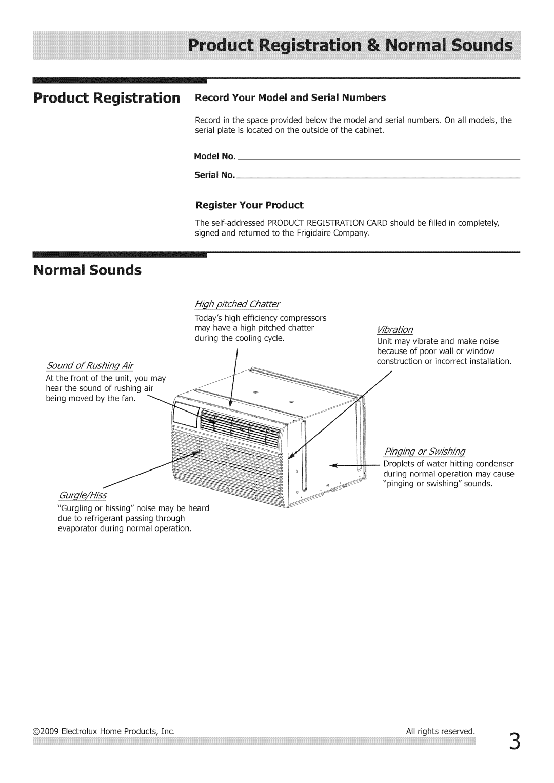 Frigidaire Air Conditioner manual Product Registration, Normal Sounds, Record Your Hodei and Serial Numbers 