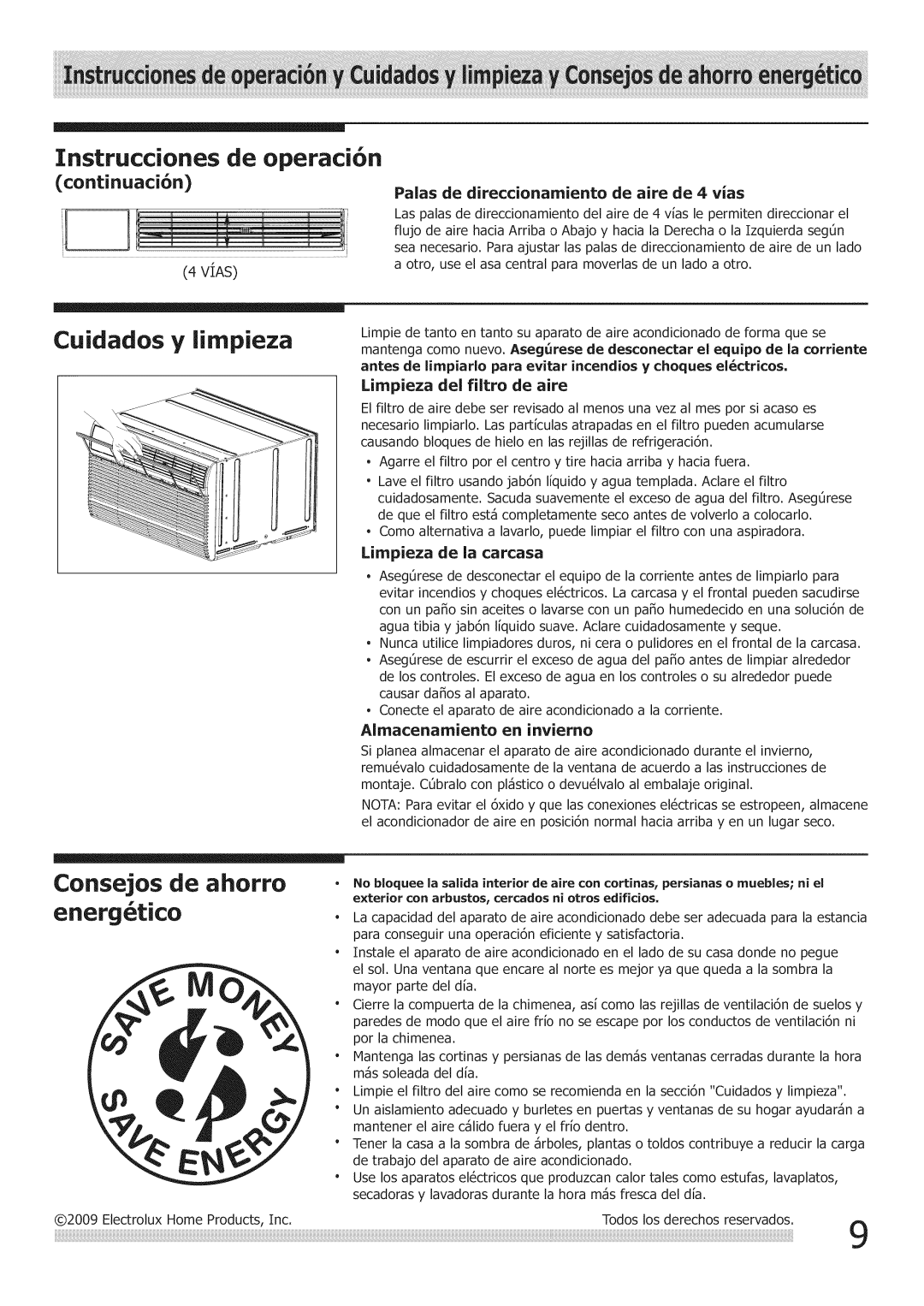 Frigidaire Air Conditioner manual Cuidados y lirnpieza, Consejos de ahorro, Energ tico 