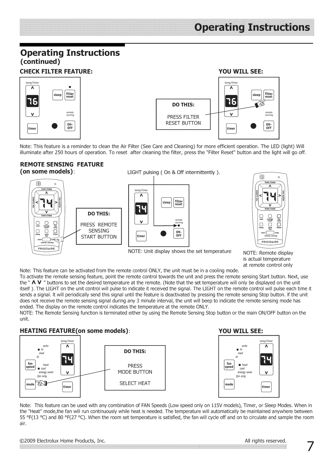 Frigidaire Air Conditioner manual Heating FEATUREon some models, Dothis, Press Remote Start Button 