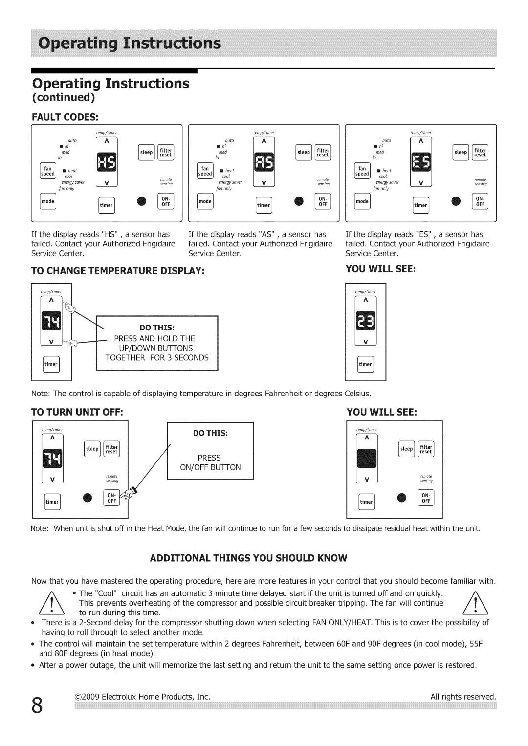 Frigidaire Air Conditioner manual To Change Temperature Display, To Turn Unit OFF, Additional Things YOU should Know 