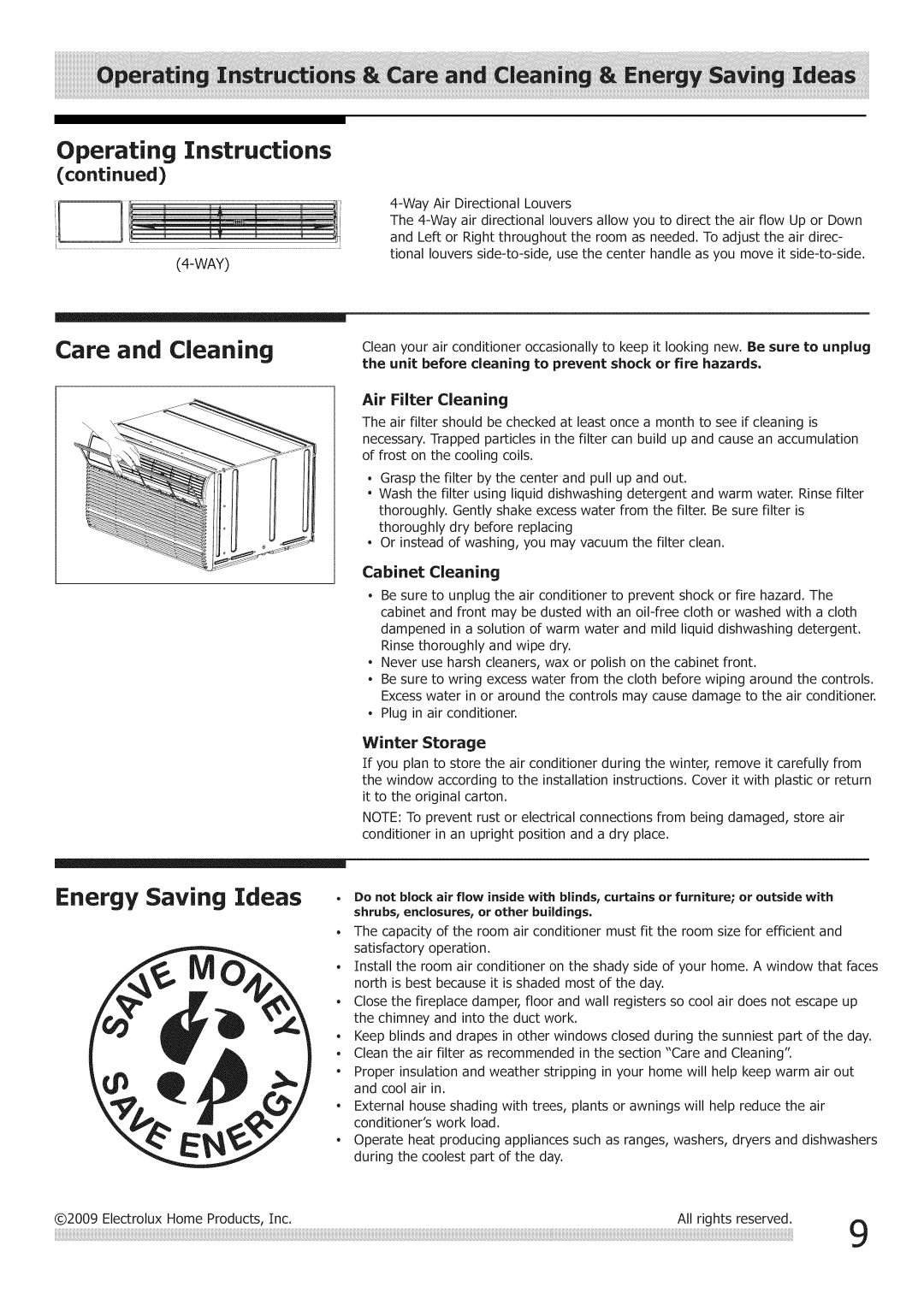 Frigidaire Air Conditioner manual Care and Cleaning, Air Filter Cleaning, Cabinet Cleaning, Winter Storage 