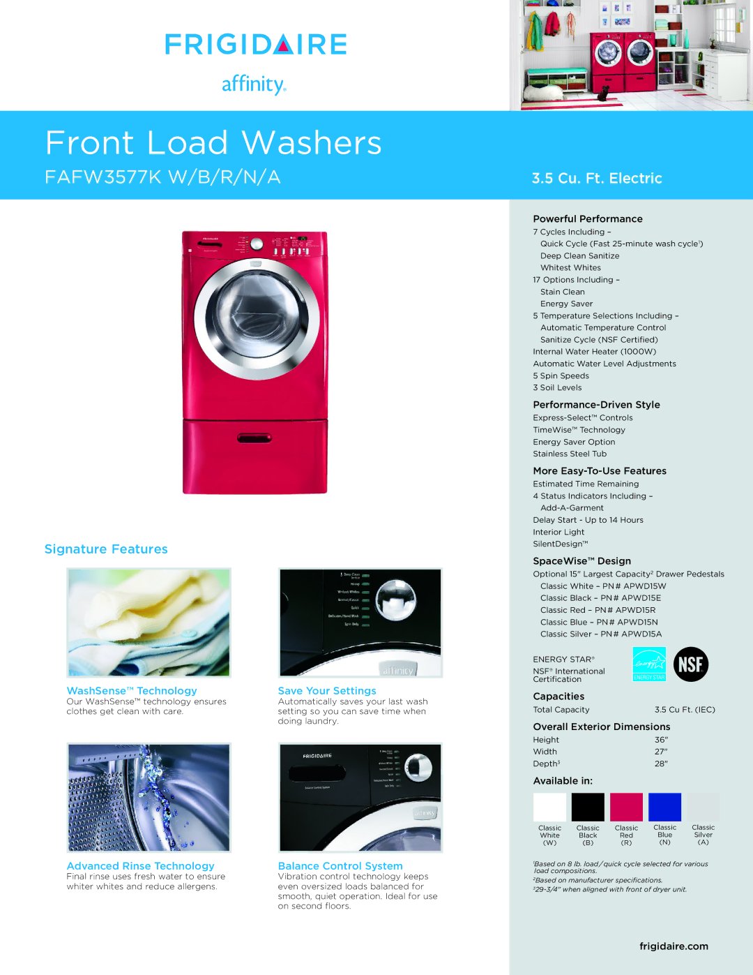 Frigidaire APWD15A dimensions WashSense Technology Save Your Settings, Advanced Rinse Technology Balance Control System 