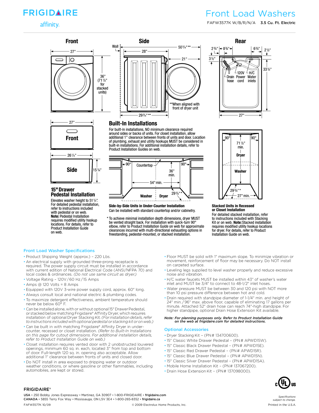 Frigidaire APWD15N, APWD15A dimensions Front Load Washer Specifications, Optional Accessories 