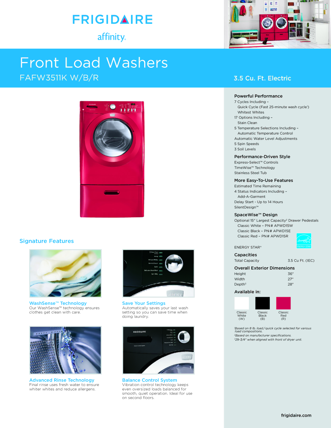 Frigidaire APWD15R dimensions WashSense Technology Save Your Settings, Advanced Rinse Technology Balance Control System 