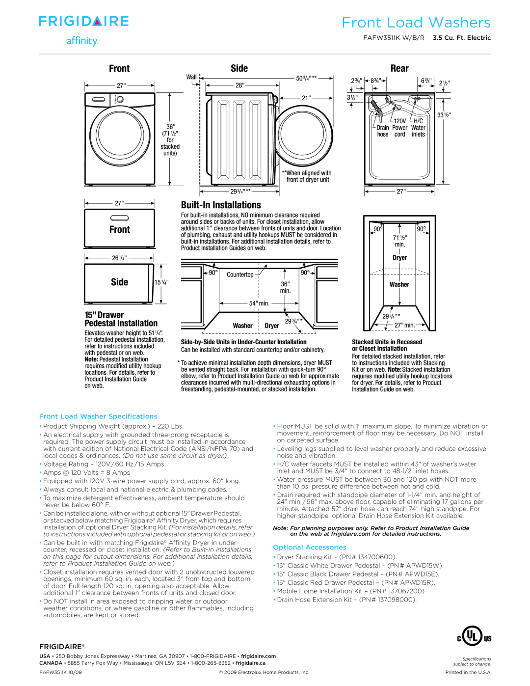 Frigidaire APWD15R dimensions Front Load Washer Specifications, Optional Accessories 