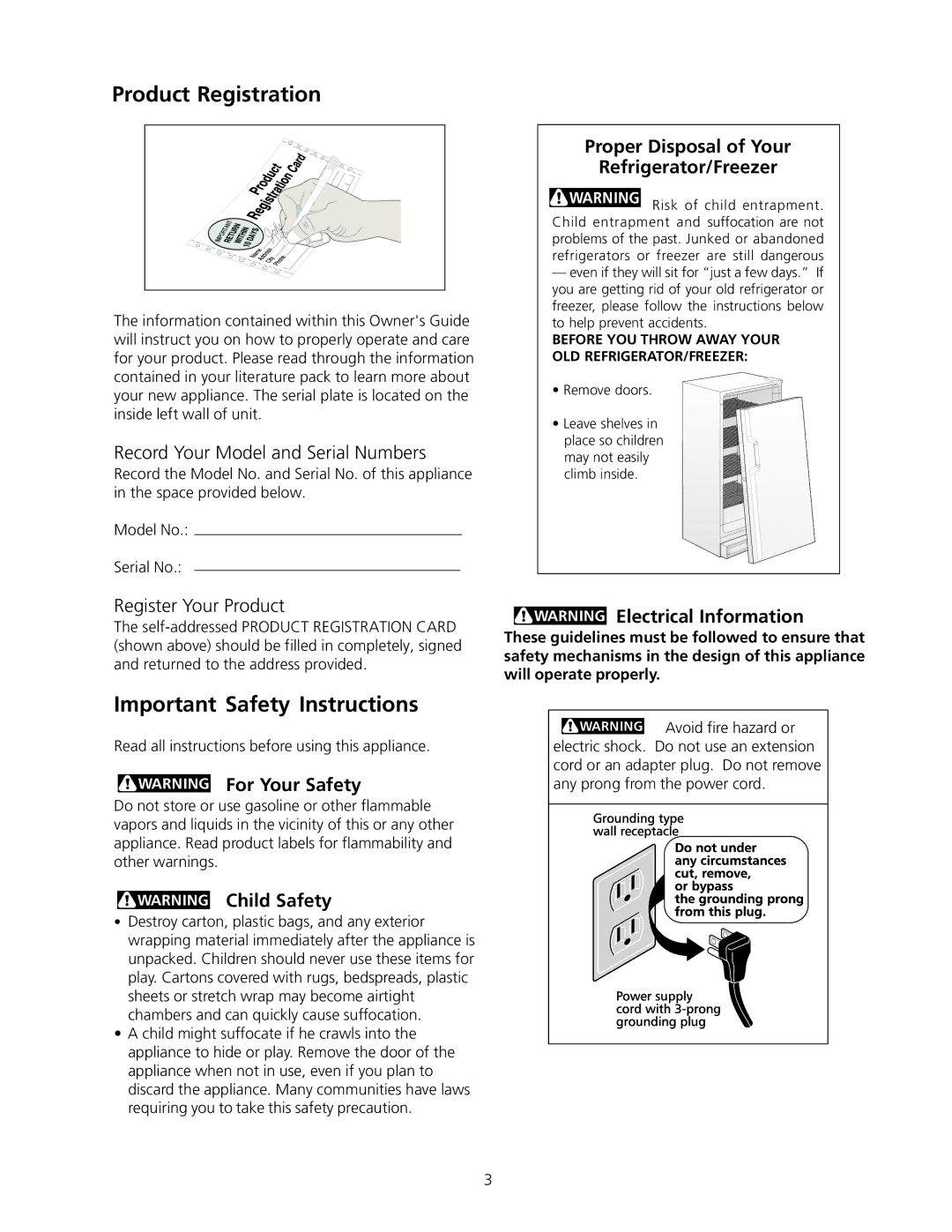 Frigidaire Artic Air Commerical Glass Door Refrigerator Product Registration, Important Safety Instructions 