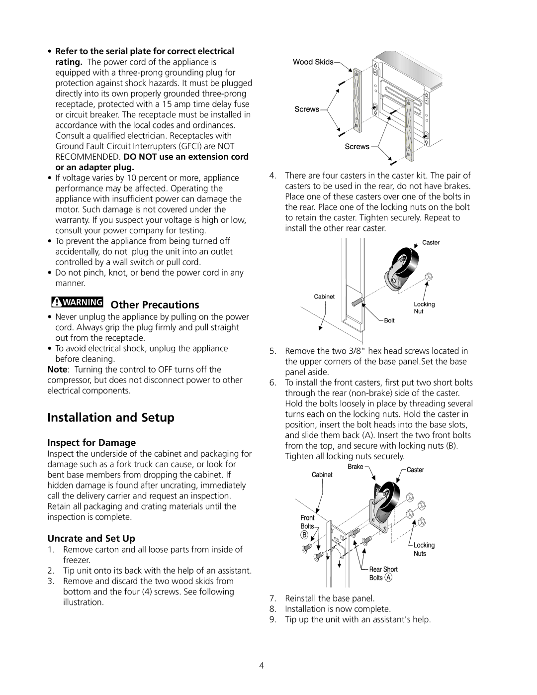 Frigidaire Artic Air Commerical Glass Door Refrigerator Installation and Setup, Other Precautions, Inspect for Damage 