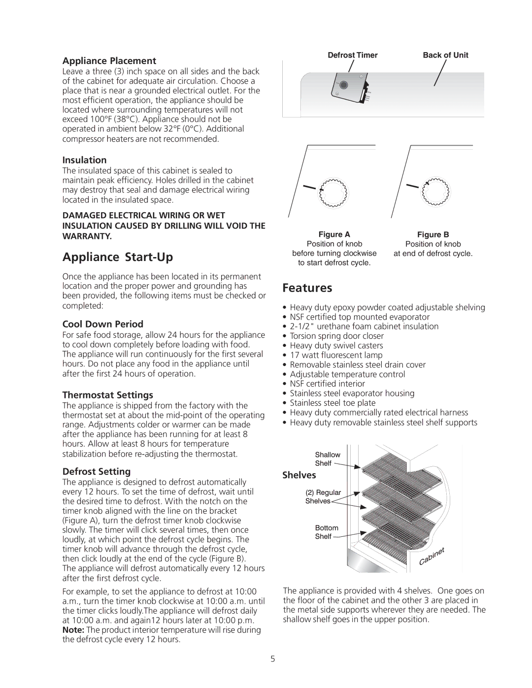 Frigidaire Artic Air Commerical Glass Door Refrigerator important safety instructions Appliance Start-Up, Features 