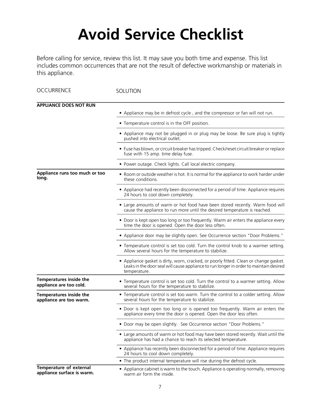 Frigidaire Artic Air Commerical Glass Door Refrigerator important safety instructions Avoid Service Checklist 