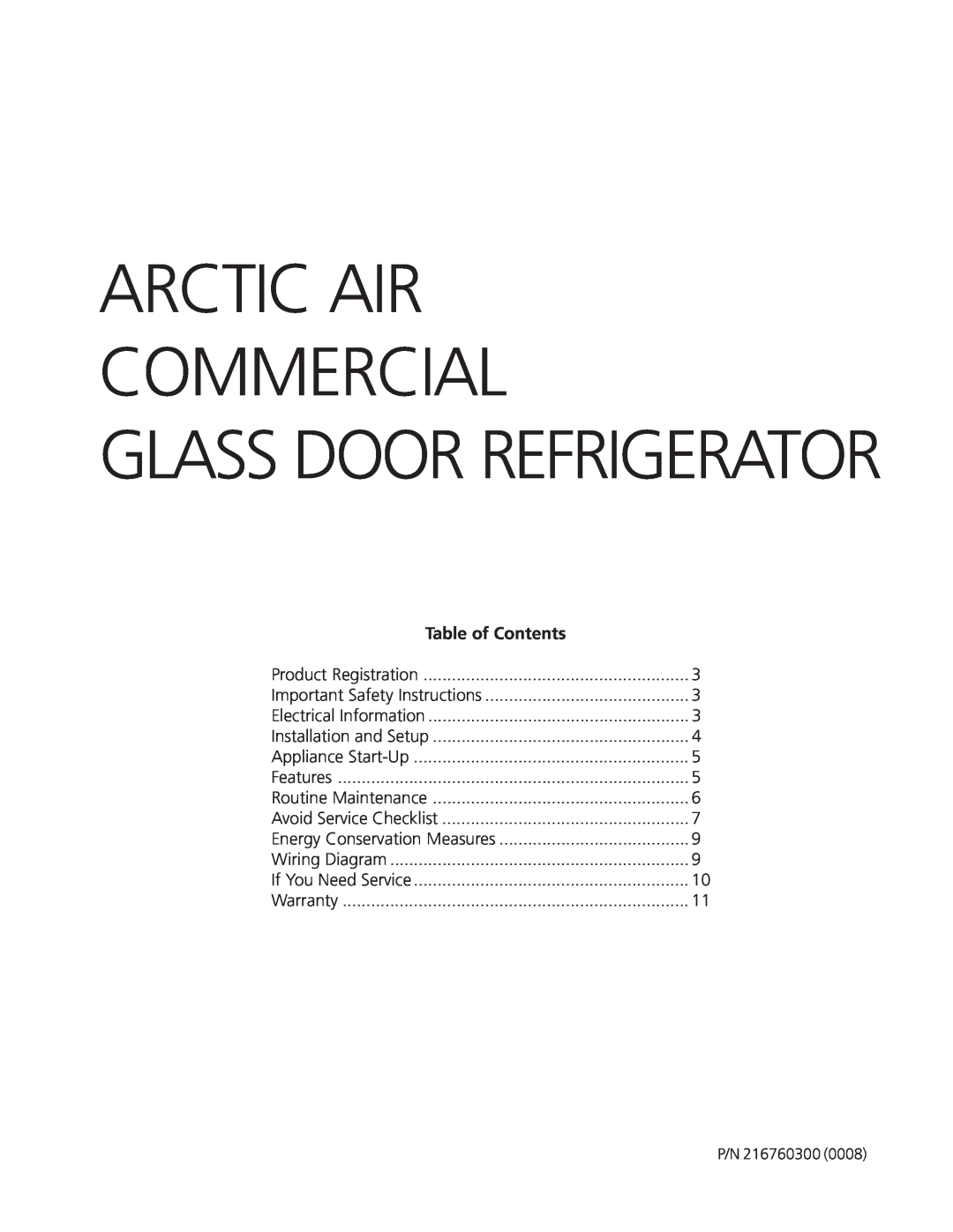 Frigidaire Artic Air Commerical Glass Door Refrigerator important safety instructions Table of Contents, Features 