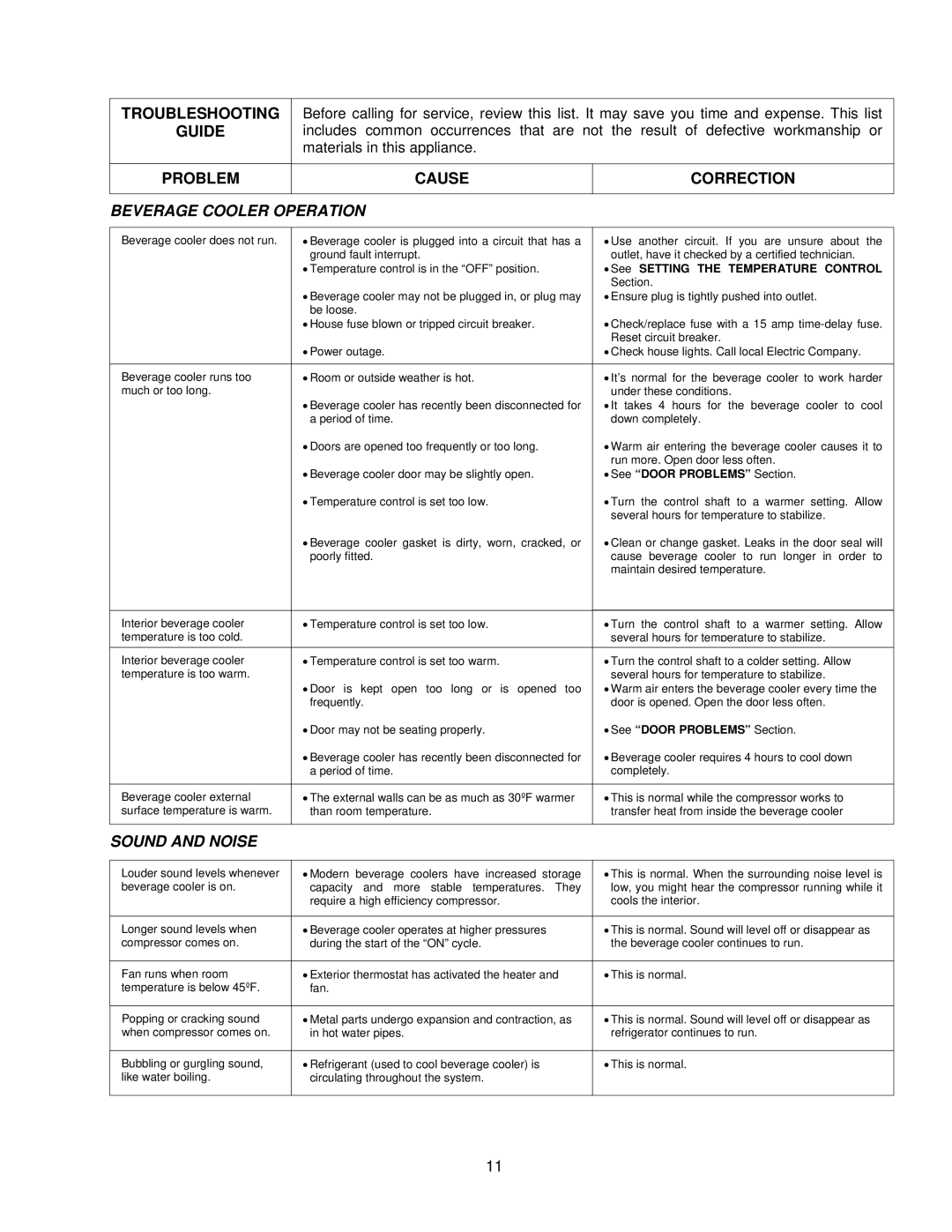 Frigidaire beverage cooler Troubleshooting Guide Problem, Cause Correction, See Setting the Temperature Control 