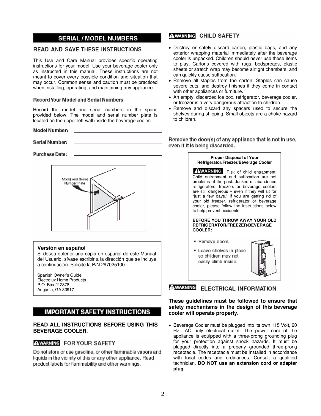 Frigidaire beverage cooler Versión en español, Read ALL Instructions Before Using this Beverage Cooler 