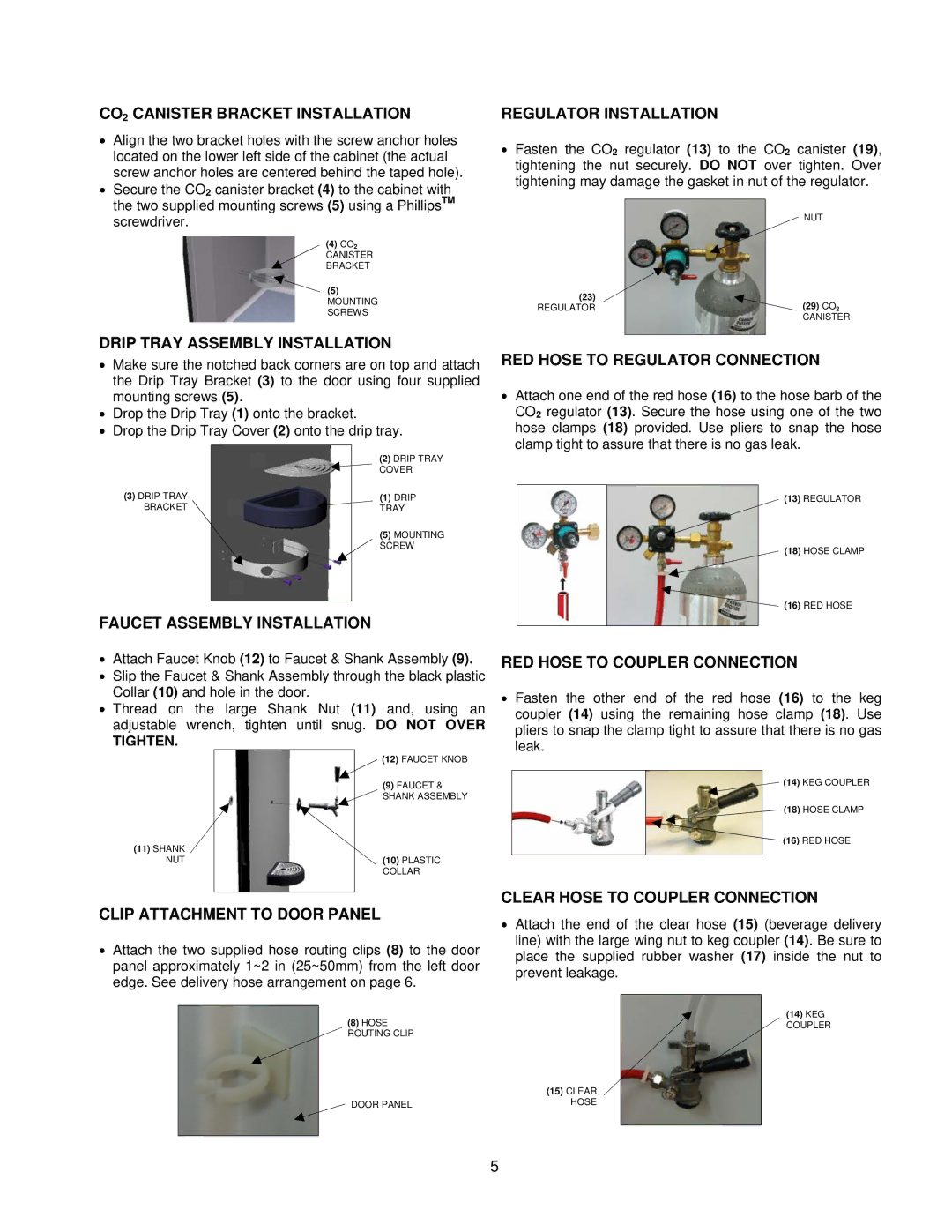 Frigidaire beverage cooler CO2 Canister Bracket Installation, Drip Tray Assembly Installation, Regulator Installation 