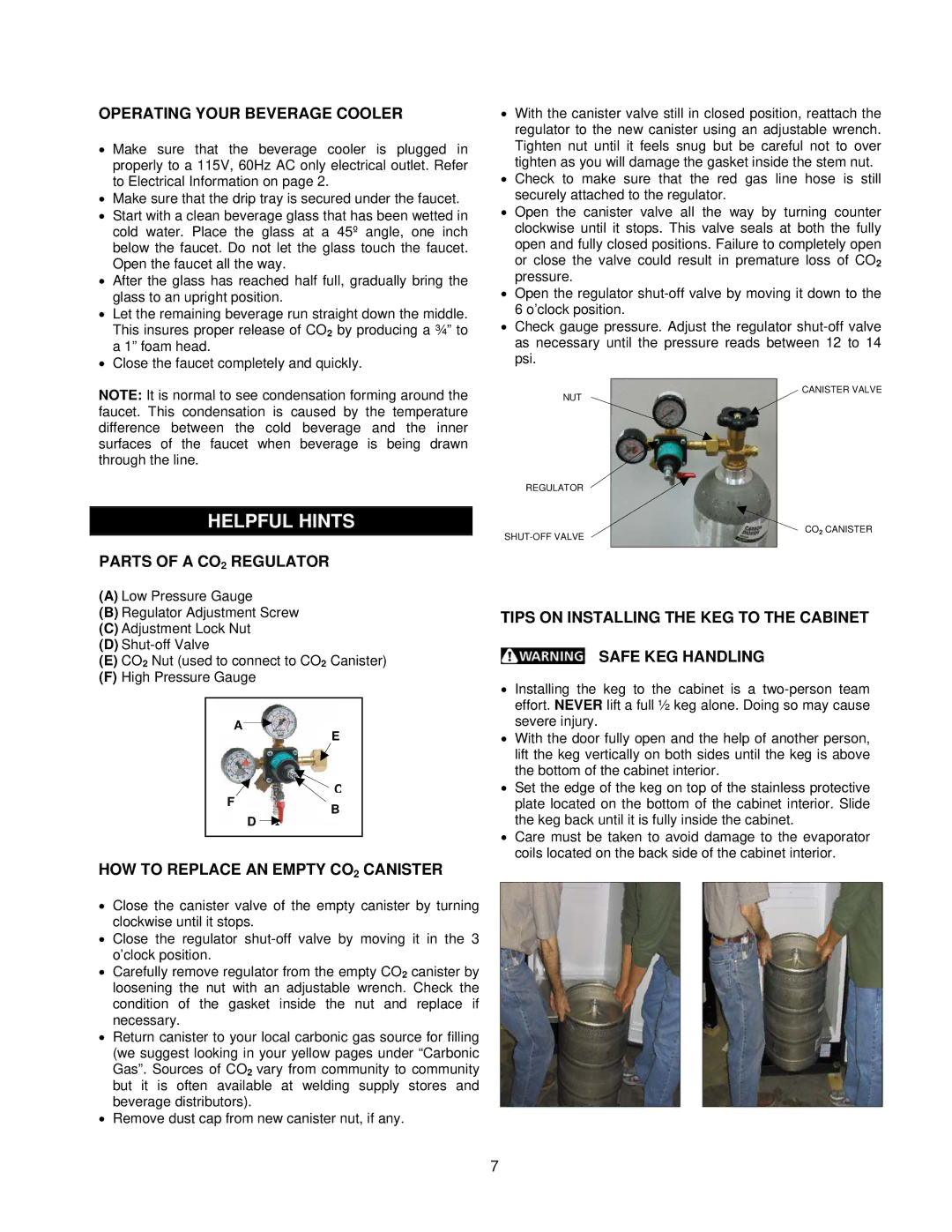 Frigidaire beverage cooler Helpful Hints, Operating Your Beverage Cooler, Parts of a CO2 Regulator 