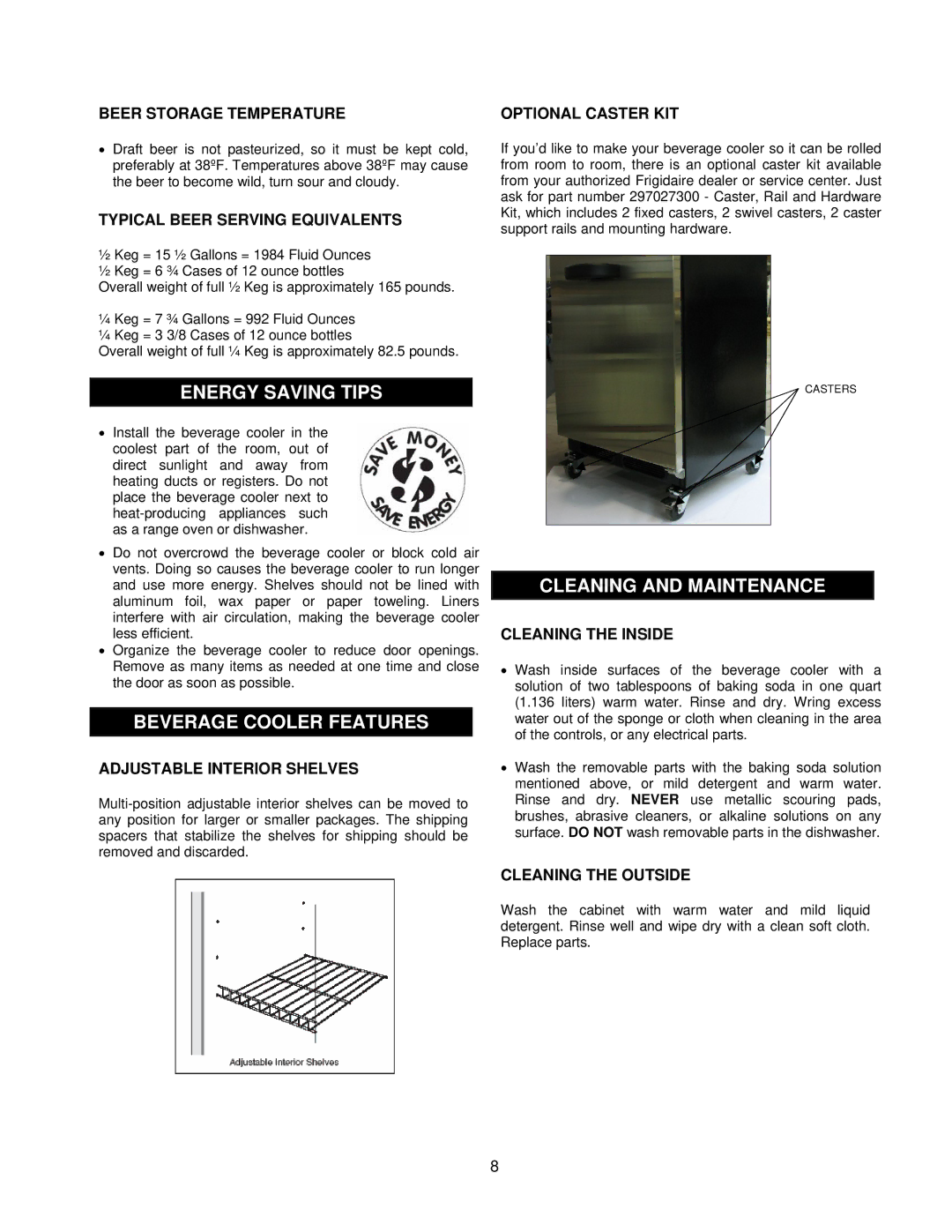 Frigidaire beverage cooler Energy Saving Tips, Beverage Cooler Features, Cleaning and Maintenance 