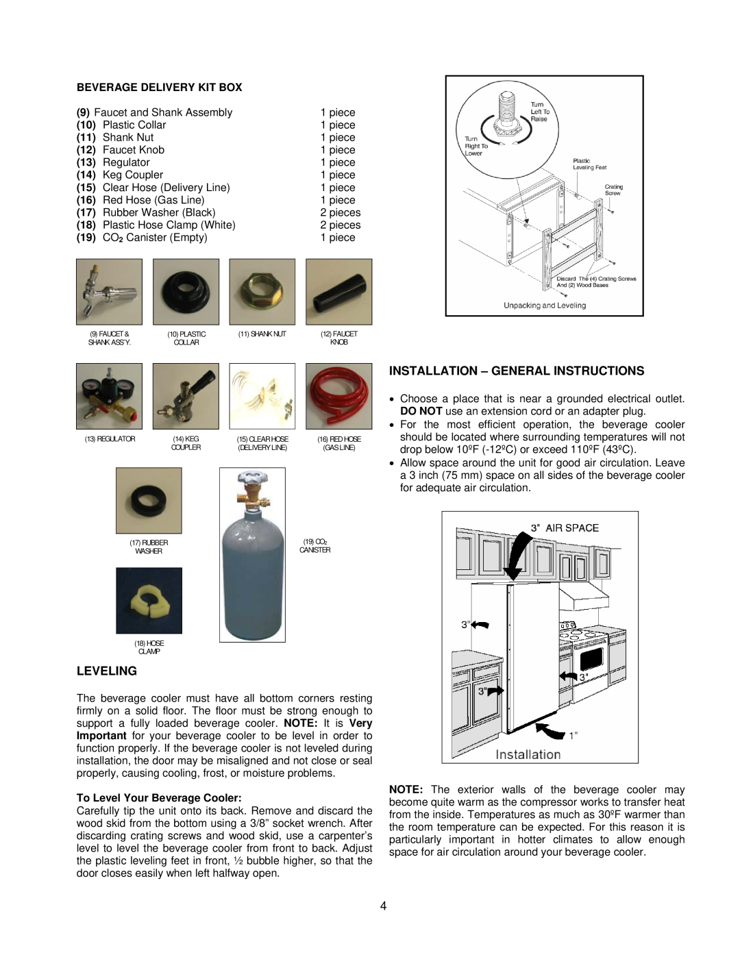 Frigidaire beverage cooler Installation - General Instructions, Leveling, Beverage Delivery Kit Box 