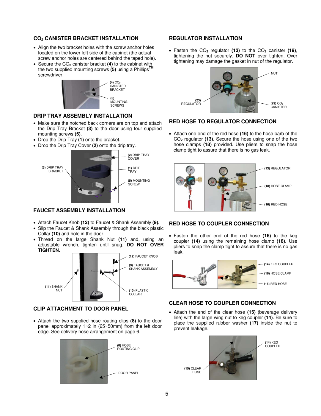 Frigidaire beverage cooler CO2 CANISTER BRACKET INSTALLATION, Drip Tray Assembly Installation, Regulator Installation 