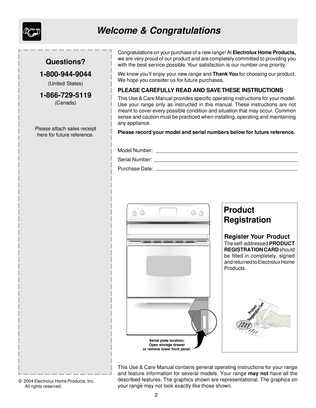 Frigidaire BS100 manual Welcome & Congratulations, Register Your Product 