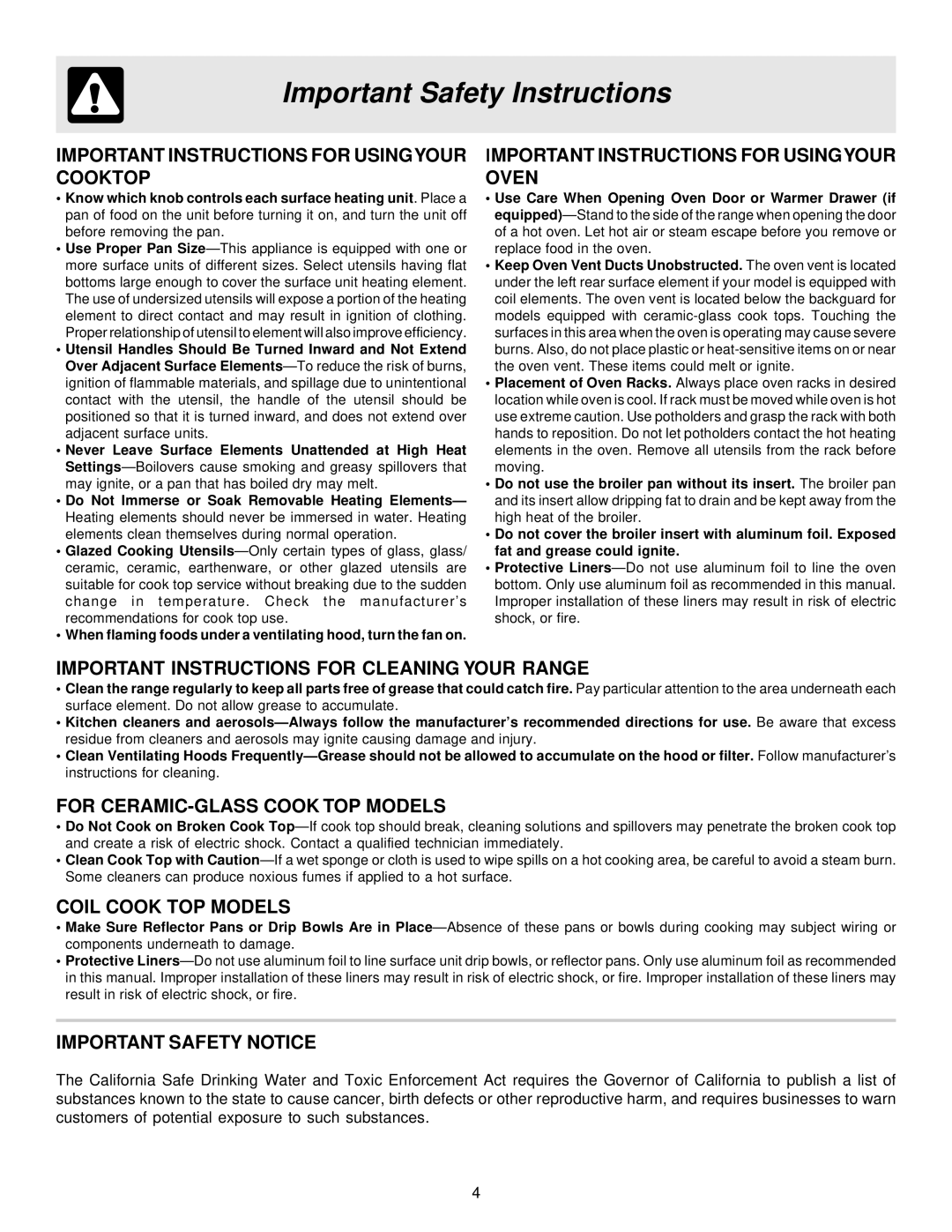 Frigidaire BS100 manual Important Instructions for Usingyour Cooktop 