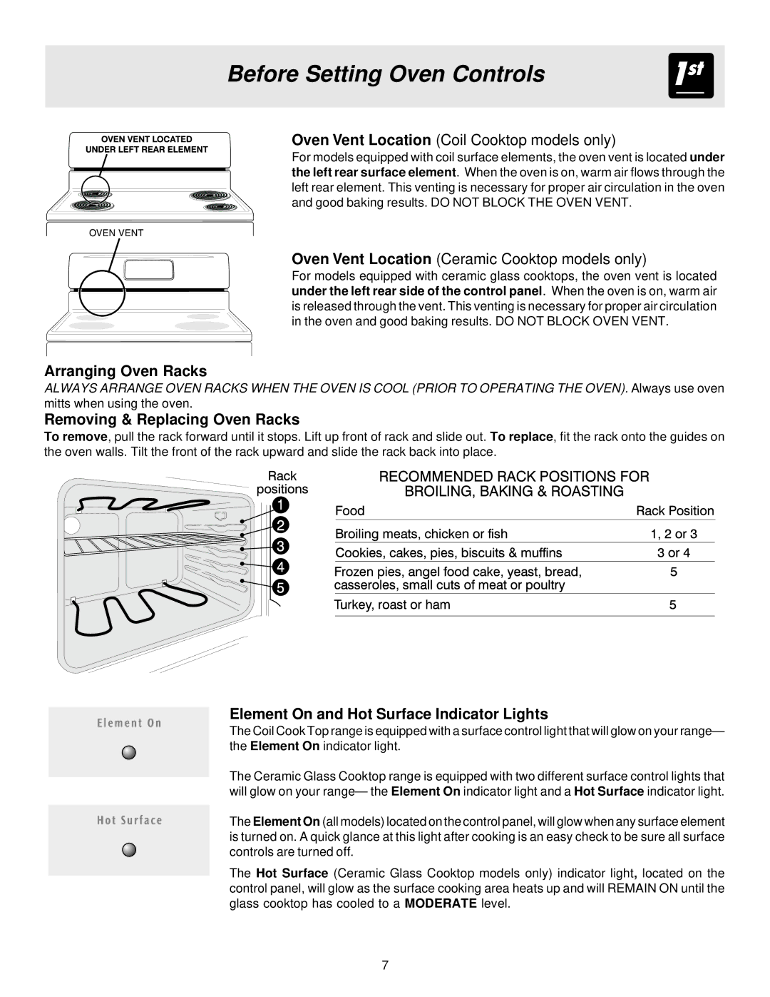 Frigidaire BS100 manual Before Setting Oven Controls, Arranging Oven Racks, Removing & Replacing Oven Racks 