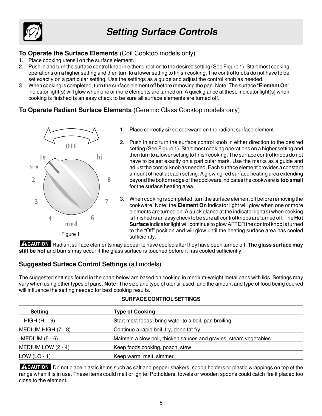 Frigidaire BS100 manual Setting Surface Controls, To Operate the Surface Elements Coil Cooktop models only 