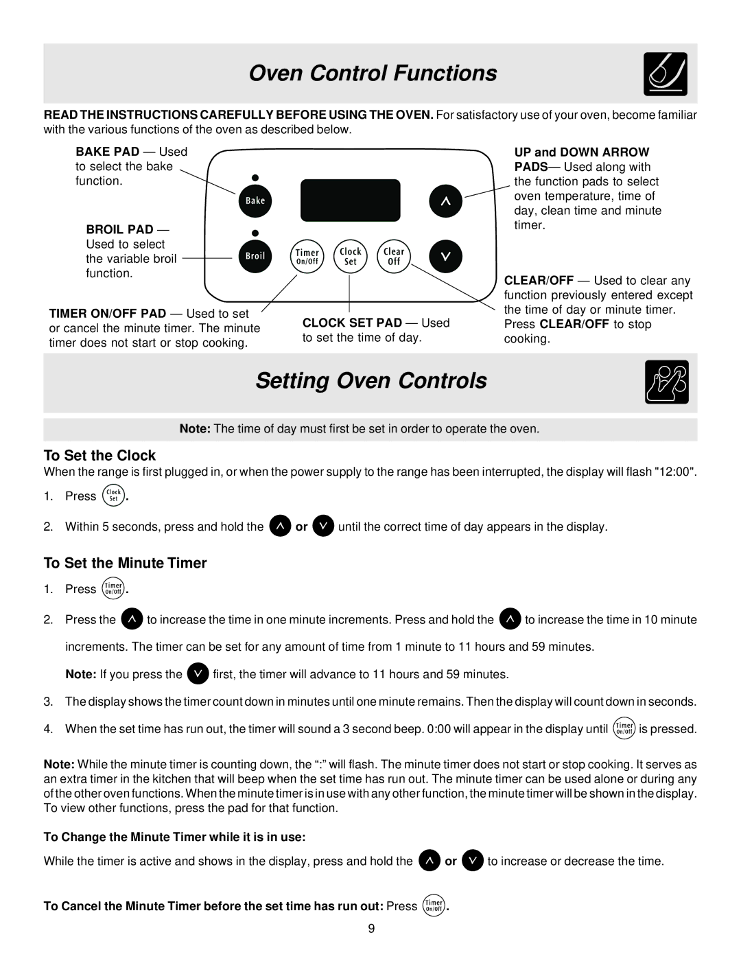 Frigidaire BS100 manual Oven Control Functions, Setting Oven Controls, To Set the Clock, To Set the Minute Timer 