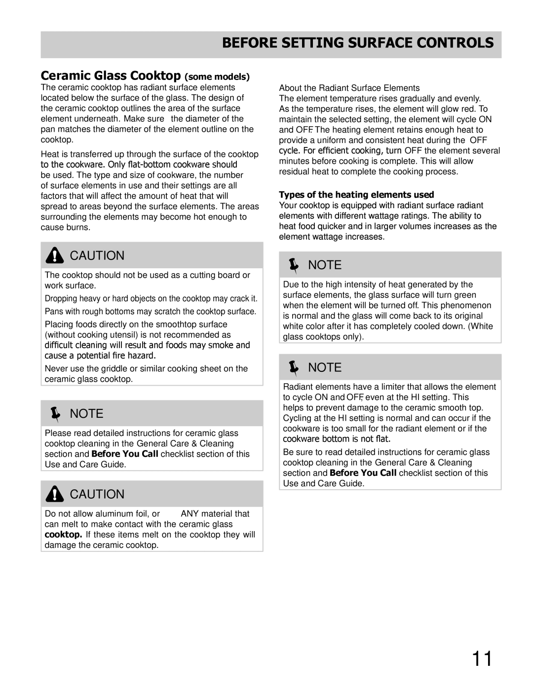 Frigidaire manual Before Setting Surface Controls, Ceramic Glass Cooktop some models, About the Radiant Surface Elements 